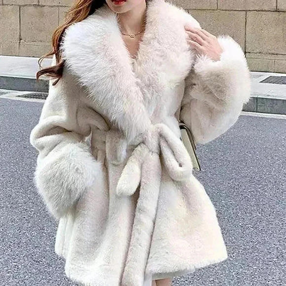 White Casual Women's Long Sleeve Faux Fur Collar Tie-Waist Faux Fur Jacket
